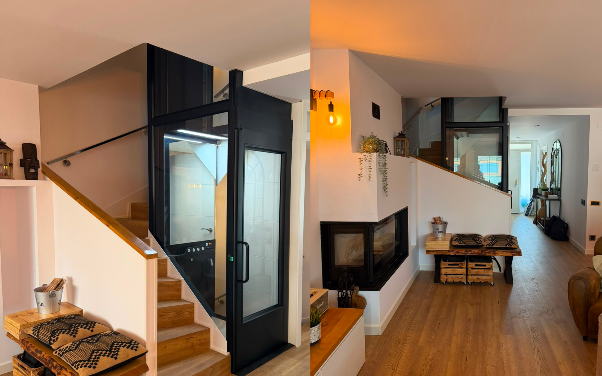 Elevador vertical que se integra estéticamente con el diseño de la vivienda